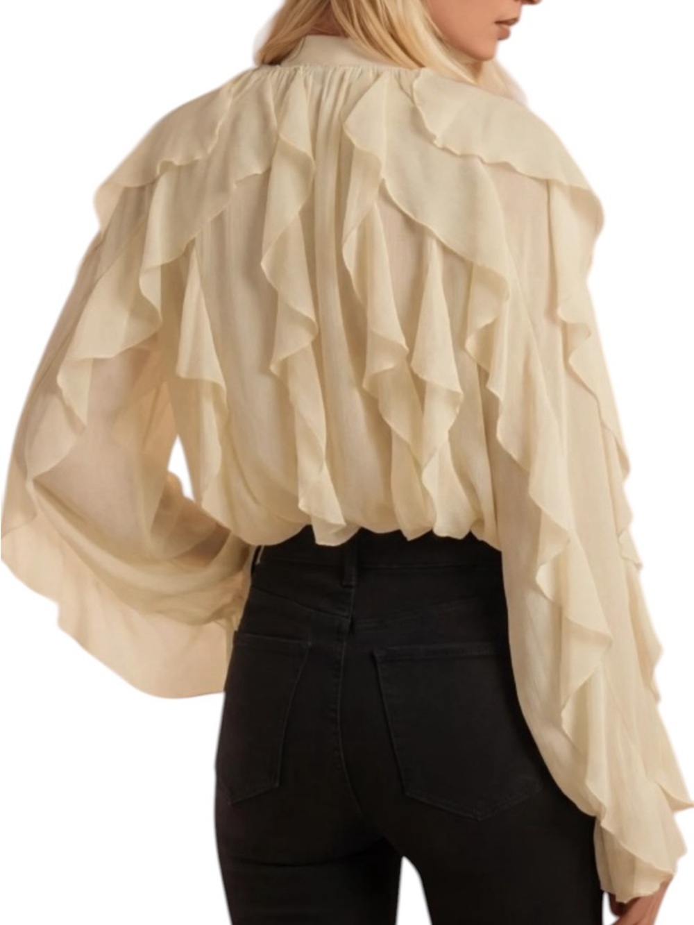 Ruffle Front V-Neck Blouse - Cream - Picture 2 of 2